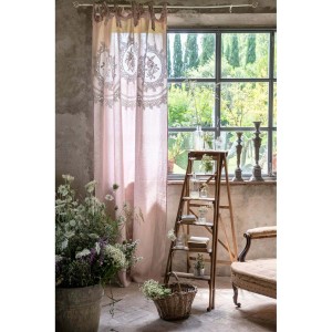 Lniana firana z haftem różowa RICAMATO 2